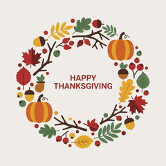 Happy Thanksgiving Wreath with Autumn Leaves and Pumpkins.