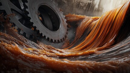 Close-up view of industrial metal gears partially submerged in a turbulent, flowing brown liquid, with dramatic lighting creating a powerful and dynamic scene.