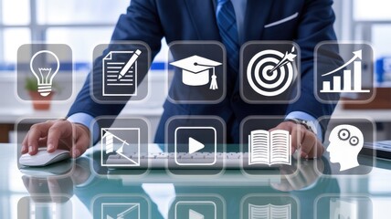 Businessman interacts with digital interface featuring icons representing various aspects of professional development and achievement