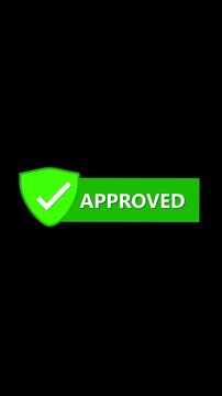 App approval badge animation vertical video. Checkmark seal motion design. Security seal icon animation vertical video. Green shield success graphic.