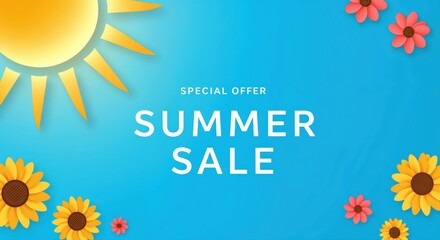 Summer Sale Special Offer: A vibrant summer sale banner, inviting customers with cheerful design elements. The sun and flowers bring a sense of joy and the color palette is welcoming.