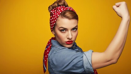 Confident Woman in Retro Style Flexing Bicep, Symbolizing Strength and Empowerment on Yellow Background - Powered by Adobe