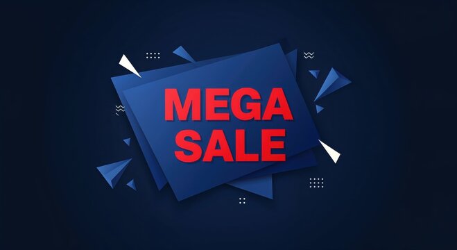 Mega Sale: A captivating design showcases the words MEGA SALE in a bold red font against an abstract backdrop of intersecting blue shapes, creating a visually dynamic scene