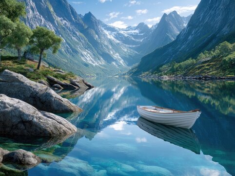 a luxurious motorboat on the fjord in norway, with snow-capped mountains reflecting off the still water.