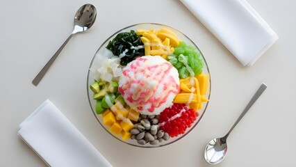 Vibrant Asian Shaved Ice Dessert with Colorful Toppings including Jelly, Mango, and Jackfruit on a Clean White Background