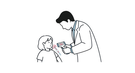 Doctor checking childs temperature with non-contact infrared thermometer.