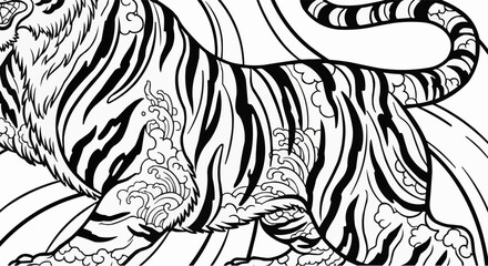 Majestic tiger in a traditional Japanese art style line drawing.