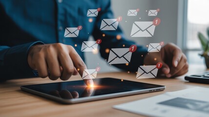 Person interacts with a digital tablet displaying an incoming message notification interface