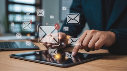 Business professional interacts with numerous digital message icons floating above a tablet screen