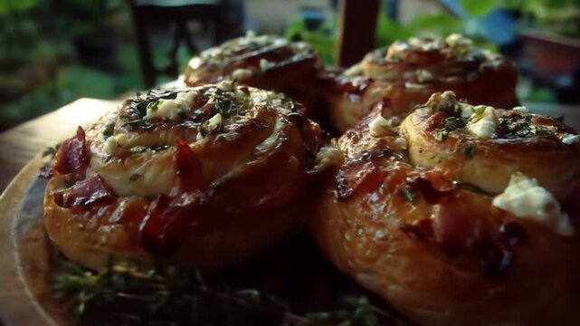 Savory baked rolls with herbs and cheese on wooden plate overhead view