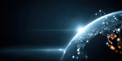 A satellite constellation feeds servers that render databases, monitors display interactive maps, sharing vision data for space traffic coordination