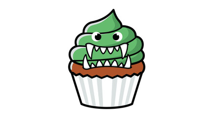 Whimsical Green Monster Cupcake with Sharp Fangs and Googly Eyes.