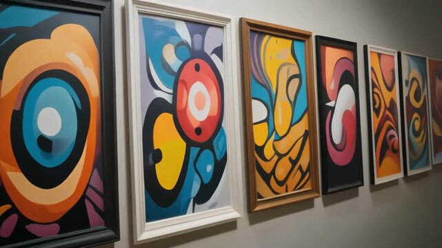 High-resolution footage of art frames aligned neatly, showcasing a mix of colorful experimental canvases