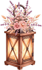 Rustic Wooden Lantern with Elegant Floral Arrangement of Lavender and Roses