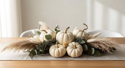 Elegant autumn table centerpiece with white pumpkins and pampas grass for a warm, cozy Thanksgiving or fall season celebration at home
