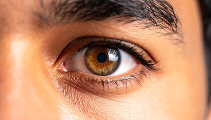 Close-up of a human eye with brown and amber hues. Detailed view of the iris and surrounding skin. Shows lashes & brow