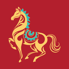 Golden horse artwork on a rich red background featuring elegant flat festive styling suitable for Lunar New Year themes decoration branding posters invitations cultural celebration