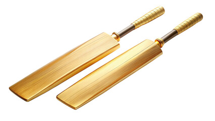 Two miniature golden cricket bats isolated on transparent background