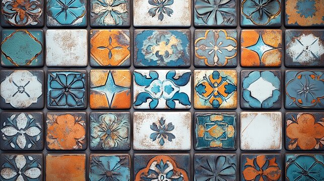 Closeup view of a vibrant, rustic wall featuring an array of patterned ceramic tiles in blue, orange, and white