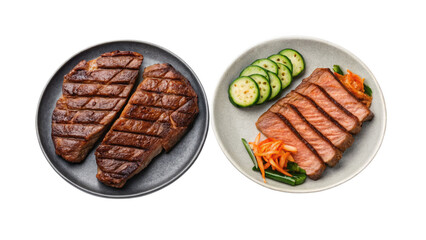 Two plates of grilled steak with sliced cucumber and garnish isolated on transparent background