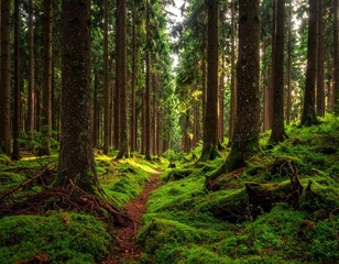 Sunlit Path Through Lush Green Forest with Tall Trees and Moss Covered Ground Natural Light Landscape Scenery Woodland Environment Tranquil Atmosphere