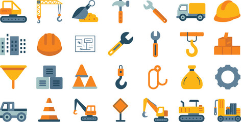Flat construction icons set, heavy machinery tools and equipment illustration, building industry symbols, engineering elements for infrastructure projects, industrial safety graphics collection