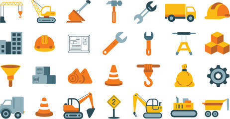 Flat construction icons set, heavy machinery tools and equipment illustration, building industry symbols, engineering elements for infrastructure projects, industrial safety graphics collection
