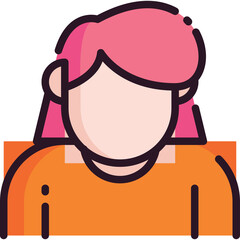 Simple Vector Icon Portrait of a Woman with Pink Hair and Orange Top Against Transparent Background with Dark Outline