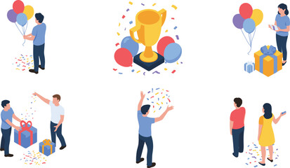 Isometric celebration scenes illustration, people with balloons, gifts and confetti, festive party moments, award trophy event concept design artwork