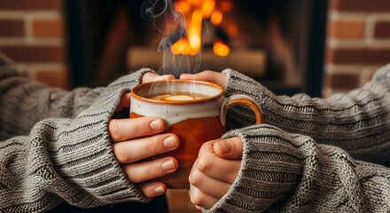 Savor a cozy moment with hot tea by the fireplace, wrapped in warmth and comfort, perfect for relaxation and winter holiday promotions