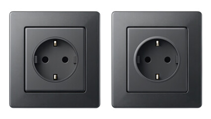 Two dark gray european schuko power socket outlets side by side isolated on transparent background