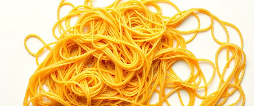 A tangled mass of cooked spaghetti against a white background,  cooked,  white