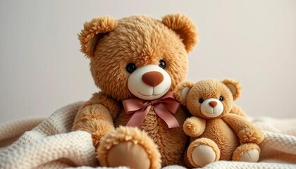 Obraz premium Adorable brown teddy bear with matching smaller plush friend, sitting on soft blanket, texture, gift