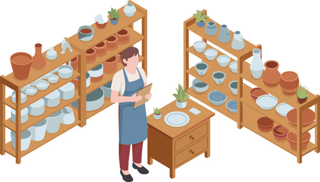 Isometric pottery studio illustration, artisan checking ceramic inventory, handmade clay products on shelves, craft workshop scene with potter, creative ceramic workspace design