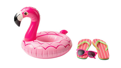 Pink flamingo pool float with flip flop and sunglasses isolated on transparent background