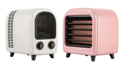 Two retro style small electric space heaters in white and pink isolated on transparent background