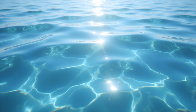 Clear blue ocean water with sunlight reflections on surface  
