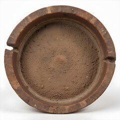 Round ashtray made of natural stone with dusty interior on neutral background.