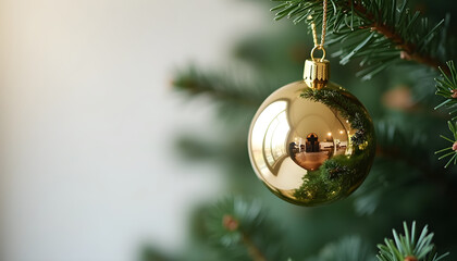 Gold Christmas ornament hanging on pine tree branch indoors  