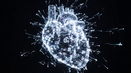 Digital Heartbeat A Futuristic Animation of a Human Heart with Binary Code and Data Streams Representing Advanced Medical Technology and Cardiovascular Health in a HighTech World.
