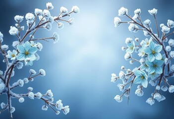 Delicate winter floral frame; icy blue and white flowers, frosted leaves, snowy branches, elegant design,  nature,  border