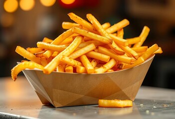 Golden french fries, seasoned, piled high in a paper boat,  junk food,  french fries