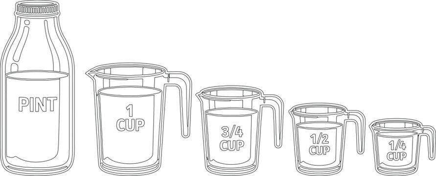 Outline Illustration Pint Jar and Measuring Cups 1 Cup, 3/4, 1/2, 1/4 Cup