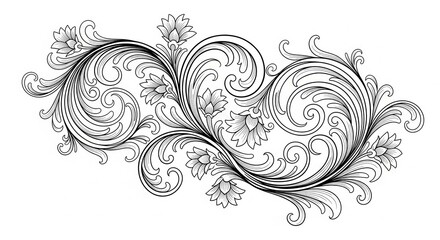 Elaborate black and white floral scrollwork embellishment flows across the composition