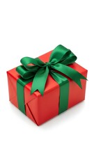Fototapeta premium A beautifully wrapped gift box with red paper and a vibrant green ribbon tied in a bow.
