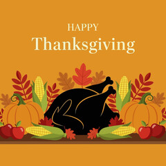 Thanksgiving Feast with Turkey, Pumpkins, Corn, Apples, and Autumn Leaves.