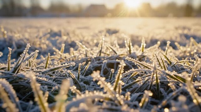 Frosty Meadow Sunrise Golden Light on Winter Grass Blades in a Tranquil Rural Landscape Sparkling Ice Crystals Cold Morning Dew and Serene Outdoor Scenery.