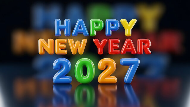 Happy New Year 2027 in Colorful 3D Bubble Letters with Reflection - Powered by Adobe