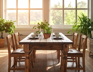 Sunlit Rustic Dining Room with Wooden Table and Plants