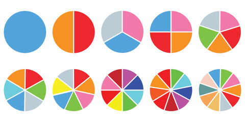 Pie chart color icons. Segment slice sign. Circle section graph. 1,2,3,4,5,6,7,8,9,10, segment infographic. Pie chart set. Wheel round diagram part symbol. Three phase, six circular cycle.